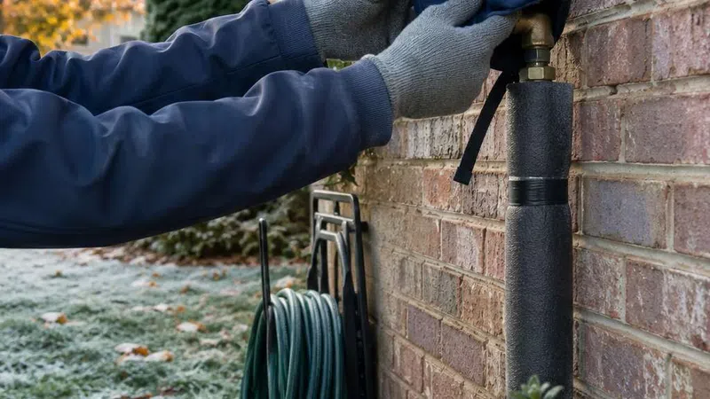Person wearing gloves insulating outdoor water faucet on frosty morning to prevent freezing.