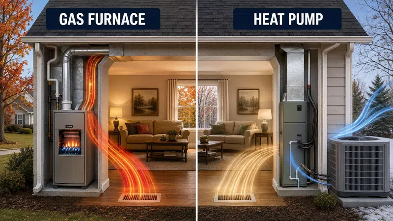 Split view of a home showing warm airflow from a gas furnace and cool airflow from a heat pump system.