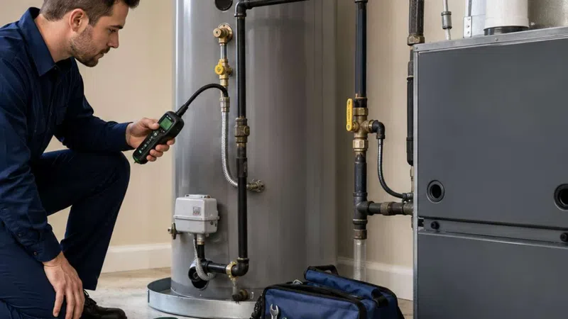Technician inspecting water heater with diagnostic tool beside tool bag and heating system in utility room.