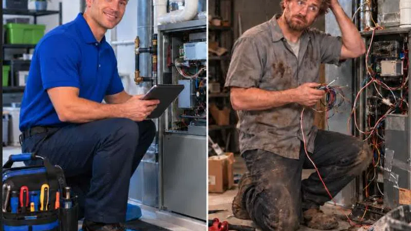 Side-by-side image of a clean, professional HVAC technician and a dirty, confused repairman working on furnaces.