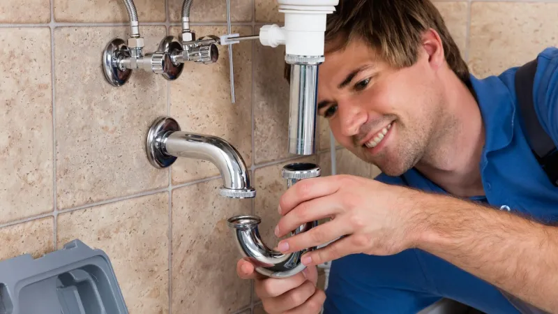 a man smiling and holding a faucet