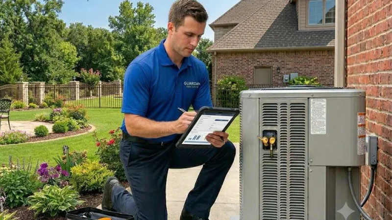 Technician kneeling by outdoor air conditioning unit, performing maintenance and recording data on a tablet in a backyard.