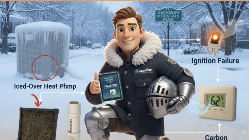 Common heating problems in Kennesaw, GA shown with winter background, HVAC technician, and problem illustrations.