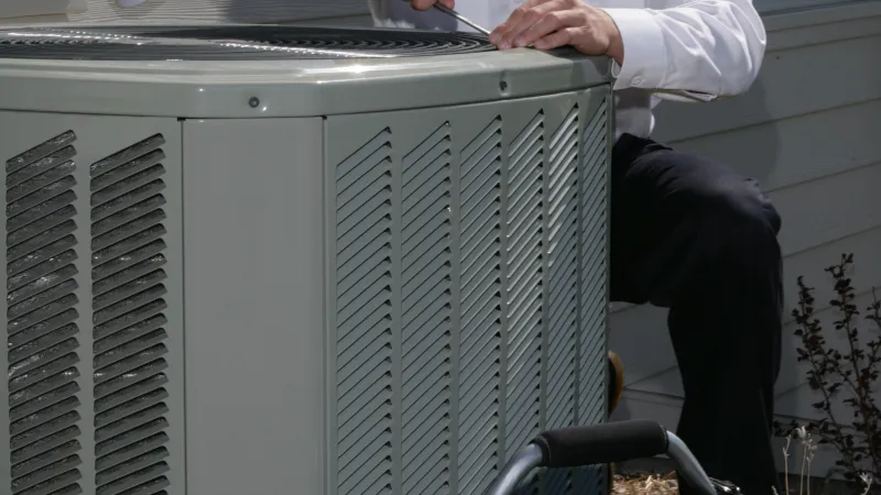 Technician in white shirt repairing outdoor air conditioning unit with tool bag nearby on mulch bed.