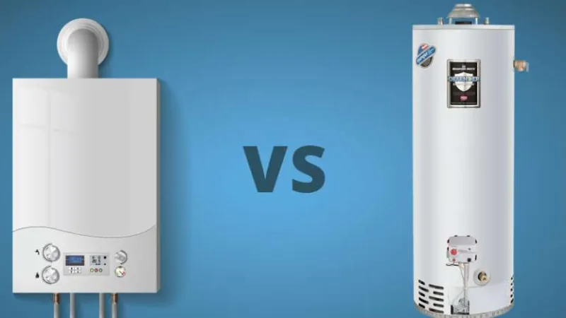 Side-by-side comparison of a tankless water heater and a traditional water heater on blue background.