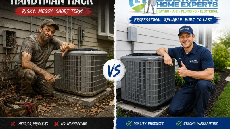Comparison of handyman hack vs Guardian Home Experts showing dirty risky repair and clean reliable professional service.