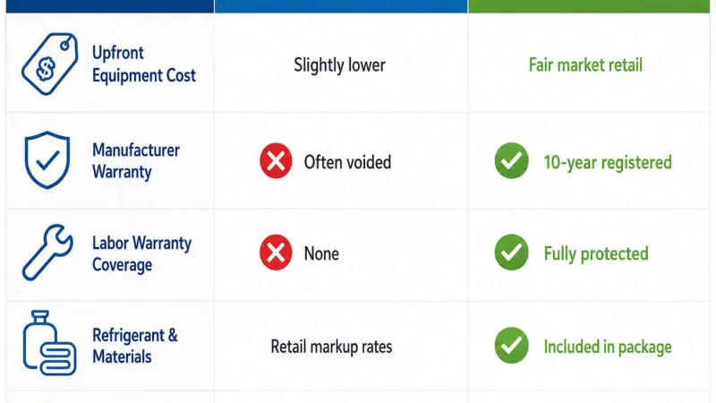 Comparison table highlighting costs, warranties, and risks between buying online yourself and Guardian Home Experts services.