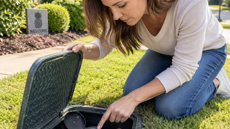 Female homeowner reading her outdoor water meter to check for a hidden water leak.