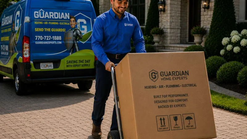 Guardian Home Experts technician delivering a large package outside a residential home with branded van nearby
