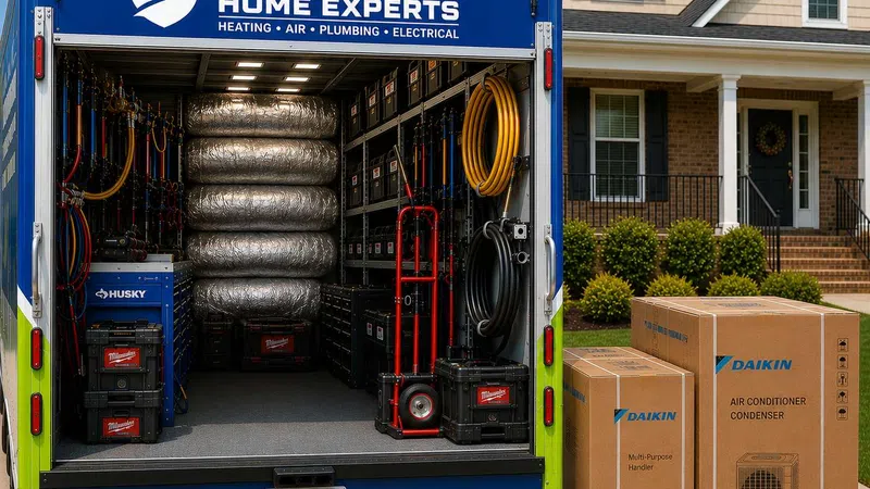 Open Guardian Home Experts service truck filled with HVAC equipment parked in front of a suburban house with Daikin air conditioner boxes.