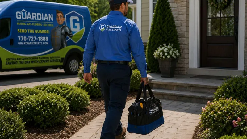 Technician from Guardian Home Experts walking to a house with tools and company van visible in the background.