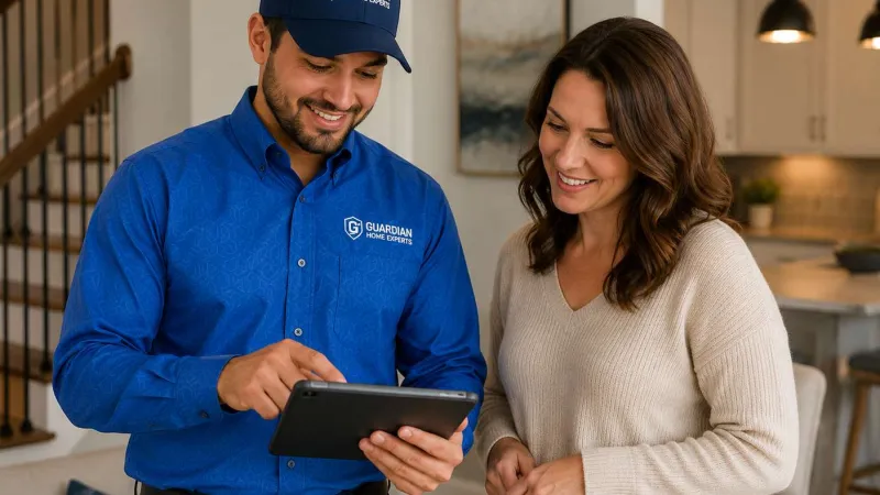 HVAC Home expert in blue uniform showing tablet information to smiling woman in modern living room.