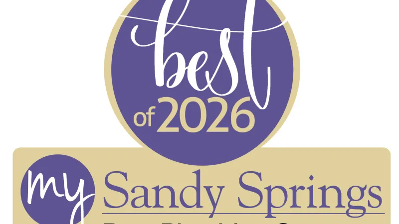 Best of 2026 My Sandy Springs award badge for Best Plumbing Company with purple and beige colors