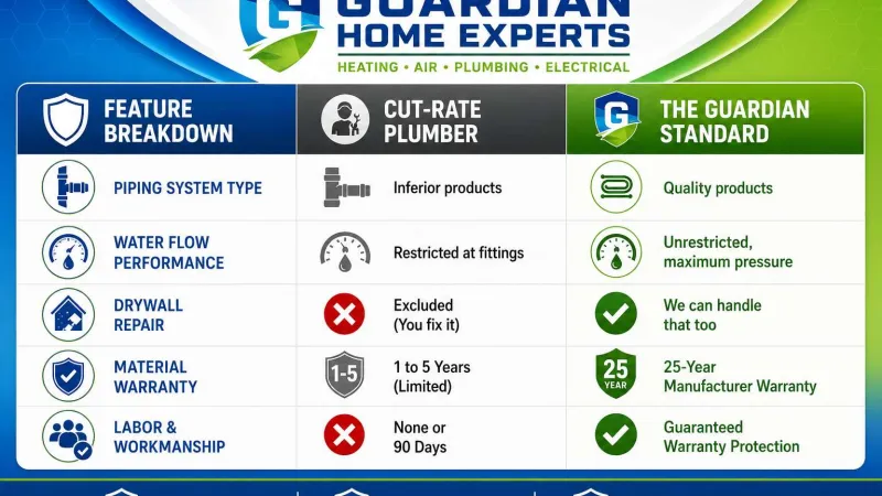 Comparison chart highlighting Guardian Home Experts' superior plumbing services over cut-rate plumbers with warranty and quality products.