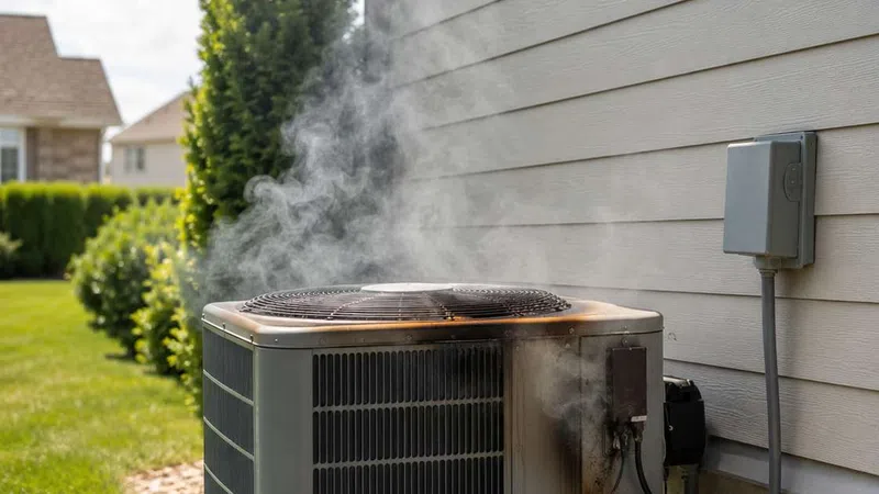 Heating and cooling air conditioner unit emitting smoke and showing signs of overheating outside a home.
