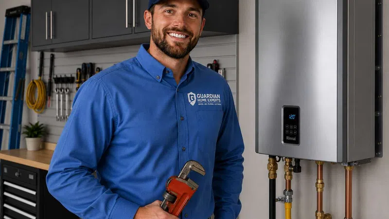 Smiling plumber in blue uniform holding pipe wrench next to modern tankless water heater in home workshop