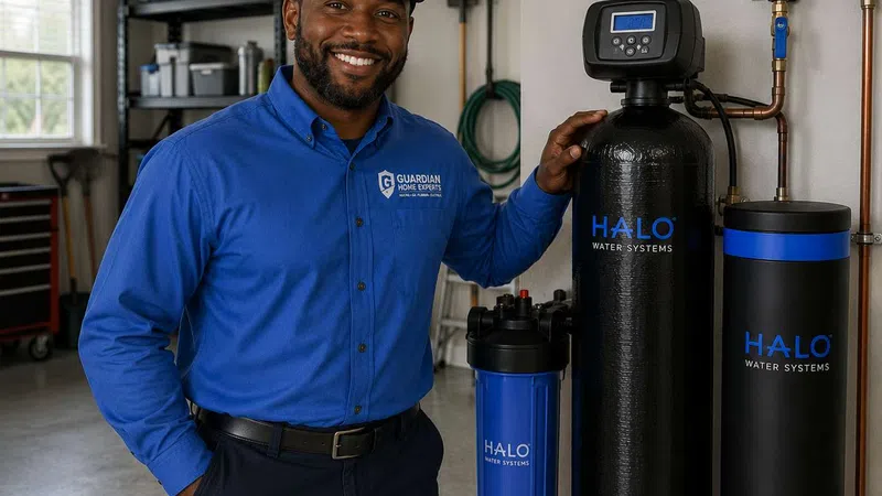 Technician in blue uniform standing next to HALO water systems filtration units in a garage setting
