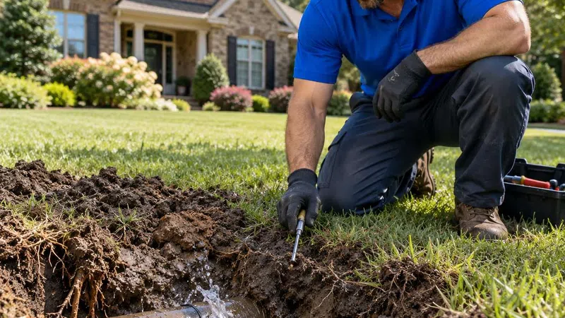 Guardian Home Experts plumber inspecting an underground water-line leak causing a high water bill