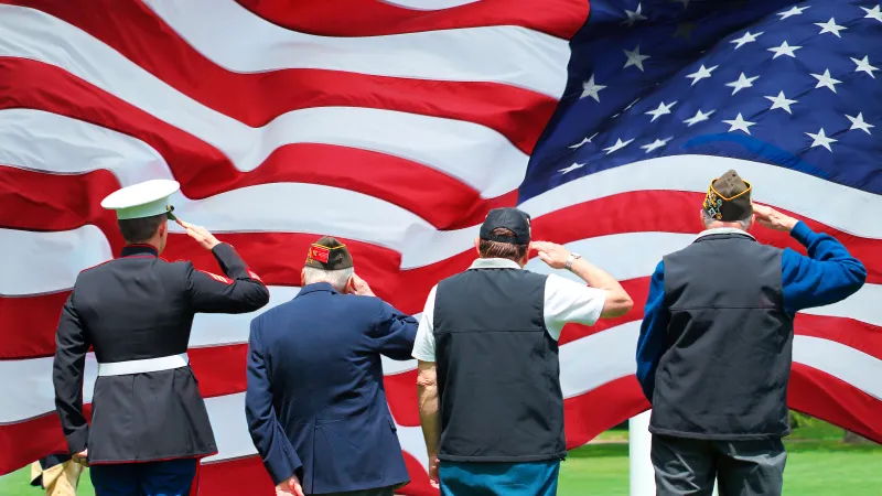 Four veterans saluting a large American flag waving outdoors on a sunny day over green grass.