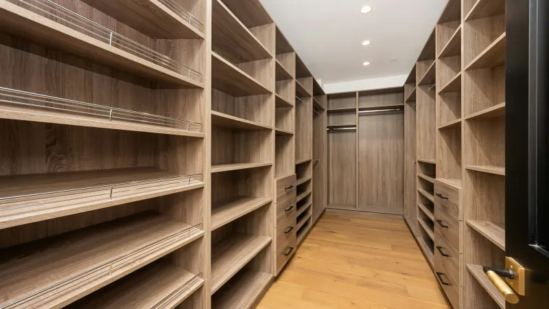 Spacious empty walk-in closet with wooden shelves, drawers, and light hardwood flooring under recessed ceiling lights.