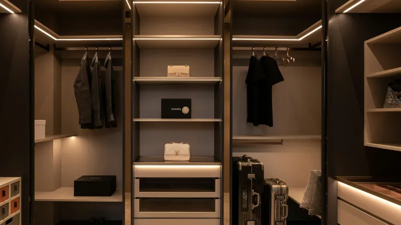 Modern walk-in closet with LED-lit shelves, hanging clothes, suitcases, and luxury handbags.