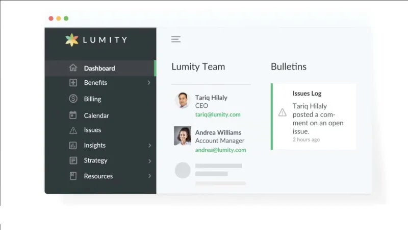 Lumity dashboard interface showing team contacts, email info, navigation menu, and issue bulletin updates.