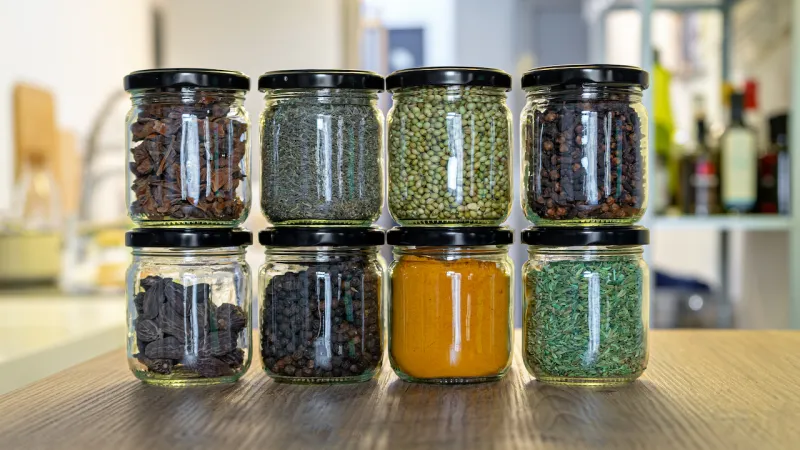 repurposed jars as storage for spices