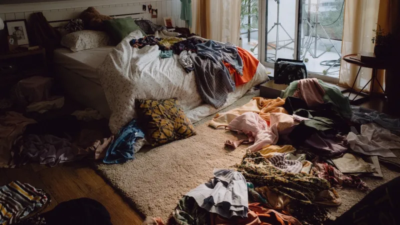 messy room with clothes all over the floor