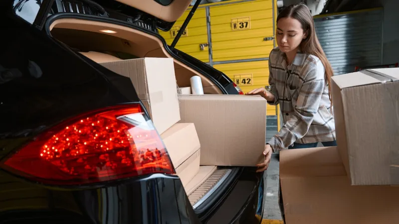 Woman loading cardboard boxes into the trunk of a black car in a warehouse setting with yellow storage lockers.