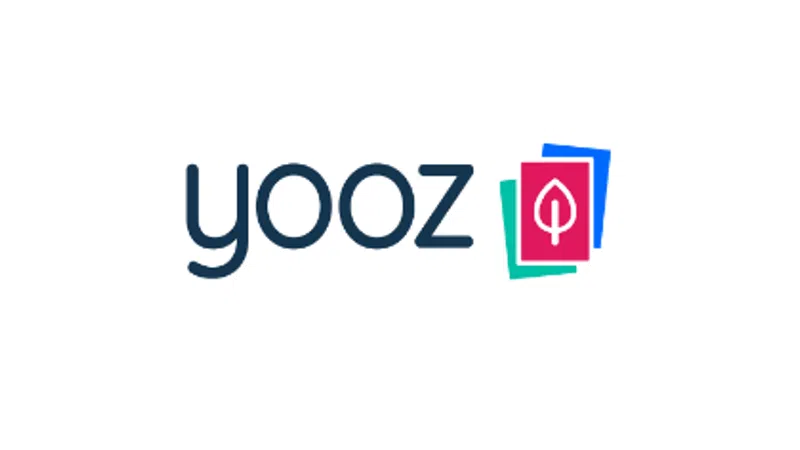 Yooz company logo with stylized text and stacked colorful cards featuring a white leaf icon.