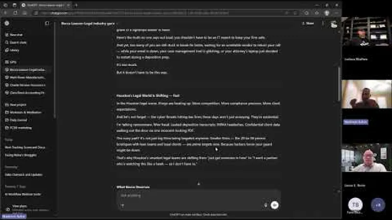 Screenshot of a virtual meeting with four participants and a shared screen showing a dark mode text editor and chat window.