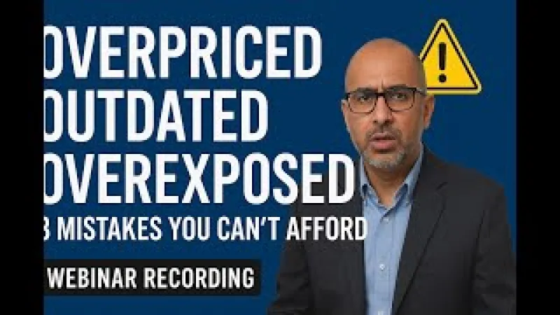 Man in glasses and suit presenting webinar on avoiding overpriced, outdated, and overexposed mistakes in business.