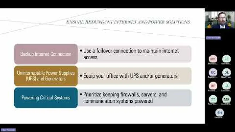 Presentation slide on ensuring redundant internet and power with backup connections, UPS, generators, and critical systems.