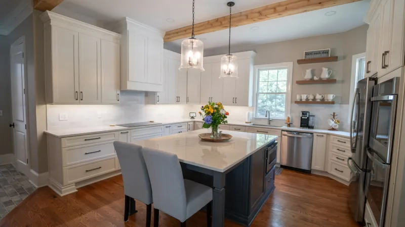 a kitchen with a dining table and chairs