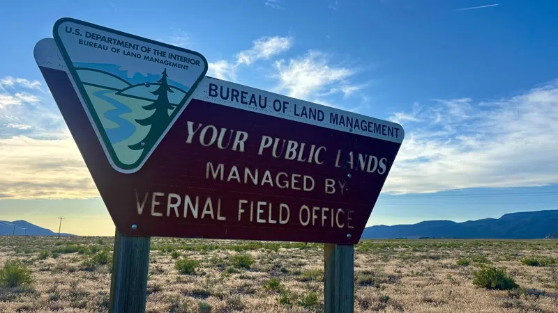 Bureau of Land Management sign for Vernal Field Office with arid landscape and blue sky background.