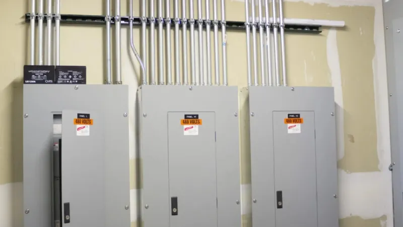Three gray electrical panels with 480 volts warning labels and metal conduit pipes mounted on a beige wall.