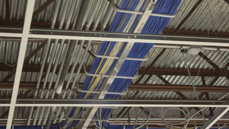 Organized blue and yellow network cables neatly arranged on metal cable trays in an industrial ceiling space.