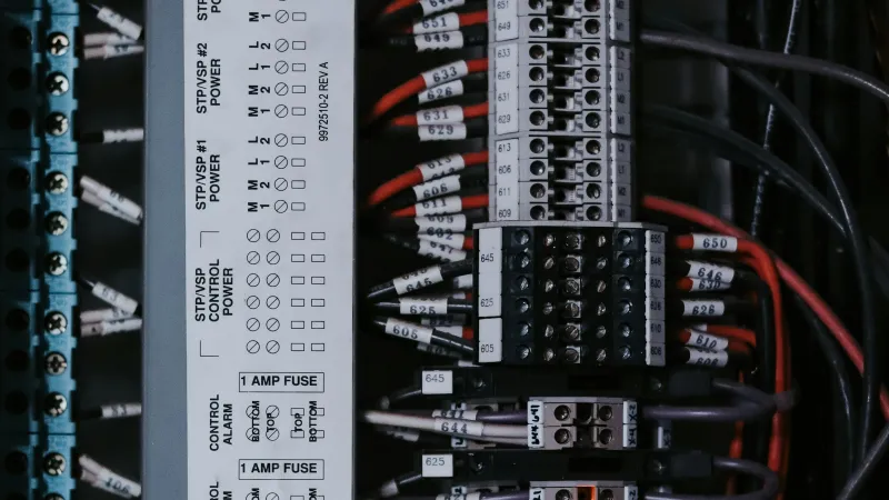 Close-up of electrical panel showing circuit breakers, wiring labels, switches, and illuminated fuse indicators.