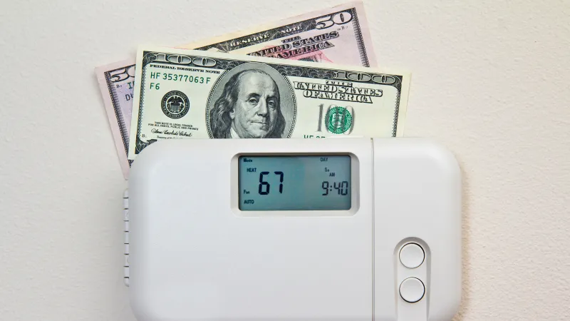 Thermostat set at 67 degrees with US twenty and one hundred dollar bills behind it representing energy savings.