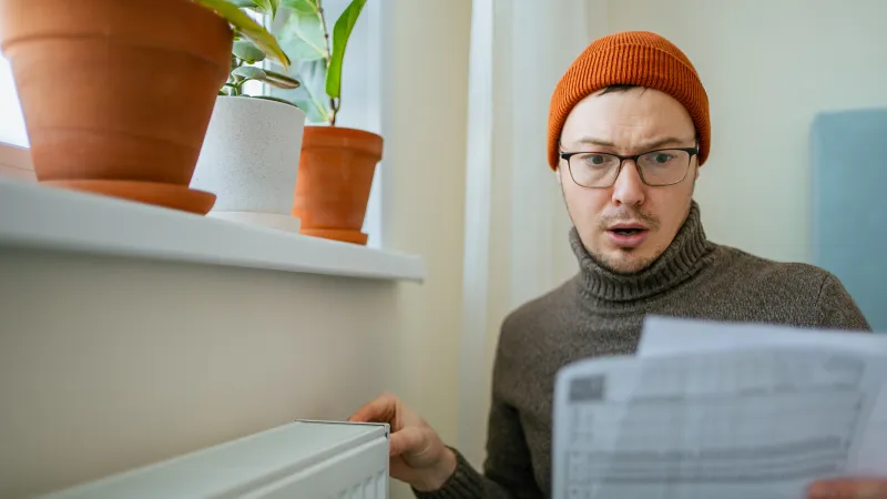 Man in orange beanie checking radiator and looking surprised while holding an energy bill indoors