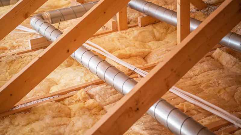 Attic space with wooden beams, yellow fiberglass insulation, and silver ventilation ducts installed.