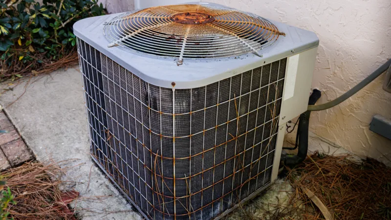 Rusty and worn outdoor air conditioning unit with dirt and debris on surrounding ground near house wall.