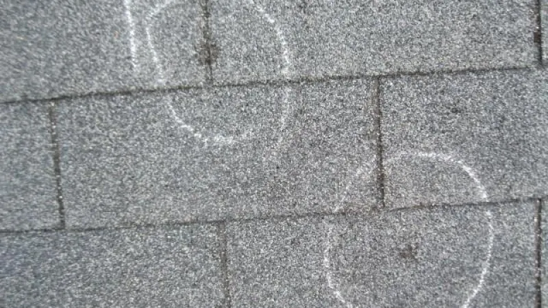 Here are two hail impacts on a three-tab roof in Marietta, GA. This is what people pay all of that money to their insurance company for all those years! When you have damage like this, it's your chance to get some of that money you've paid into the insurance company all these years put back into your home!