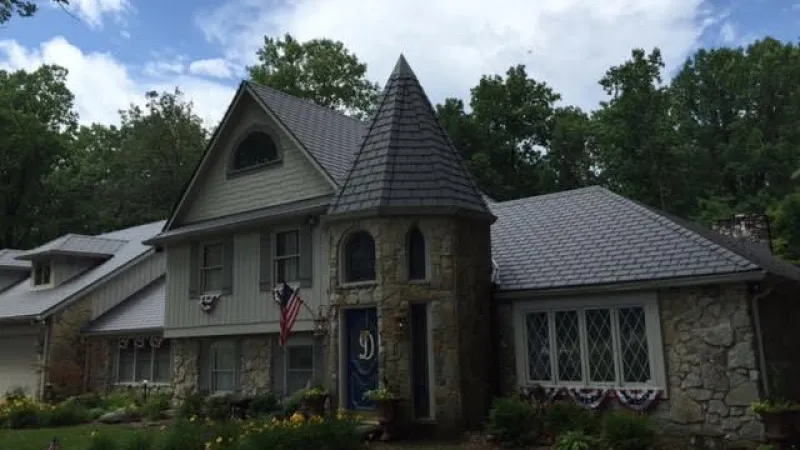 The Aledora tile on this turret creates and old-world, Tudor style appearance.