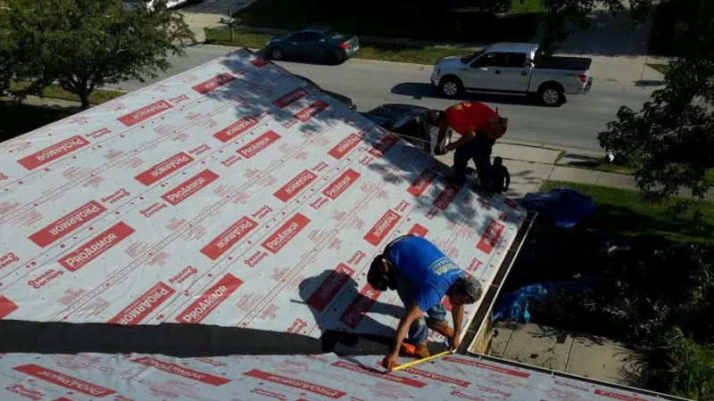 Here you can see the crew marking chalk lines to ensure the roof is straight on each row. Also, the ProArmor underlayment and ice and water shield in the valley areas give you that secondary leak protection for years to come.