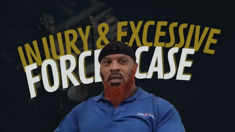 Man with red beard and black headwrap in blue shirt with injury and excessive force case text background.