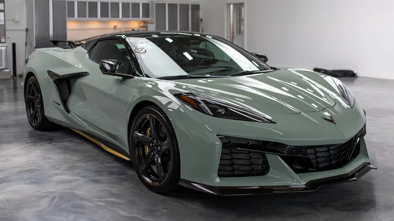 Gray Chevrolet Corvette sports car with black wheels parked indoors on a polished concrete floor.