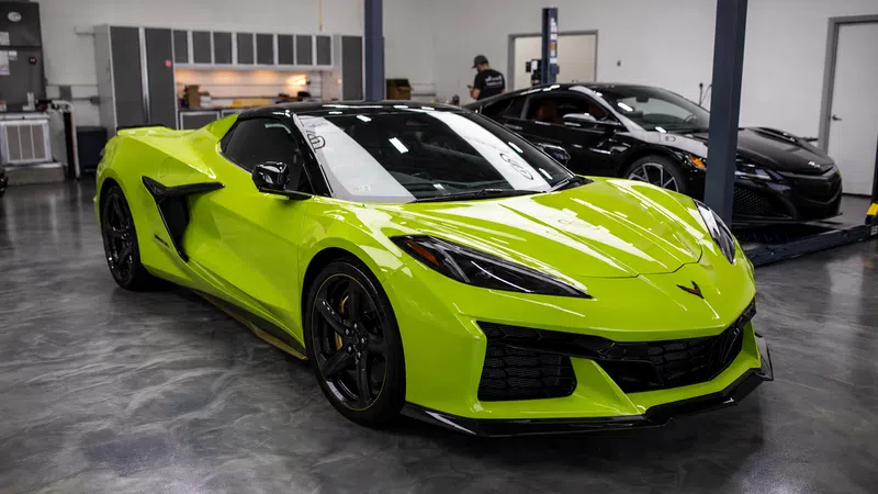 Bright green sports car with sleek design parked inside a modern garage with black cars in the background