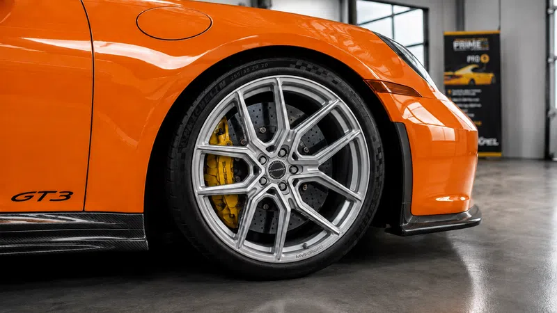 Close-up of orange Porsche GT3 front wheel with silver alloy rim and yellow brake caliper indoors.