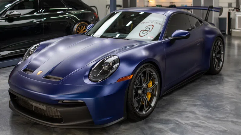 Matte blue Porsche sports car with yellow brake calipers parked indoors on polished concrete floor.